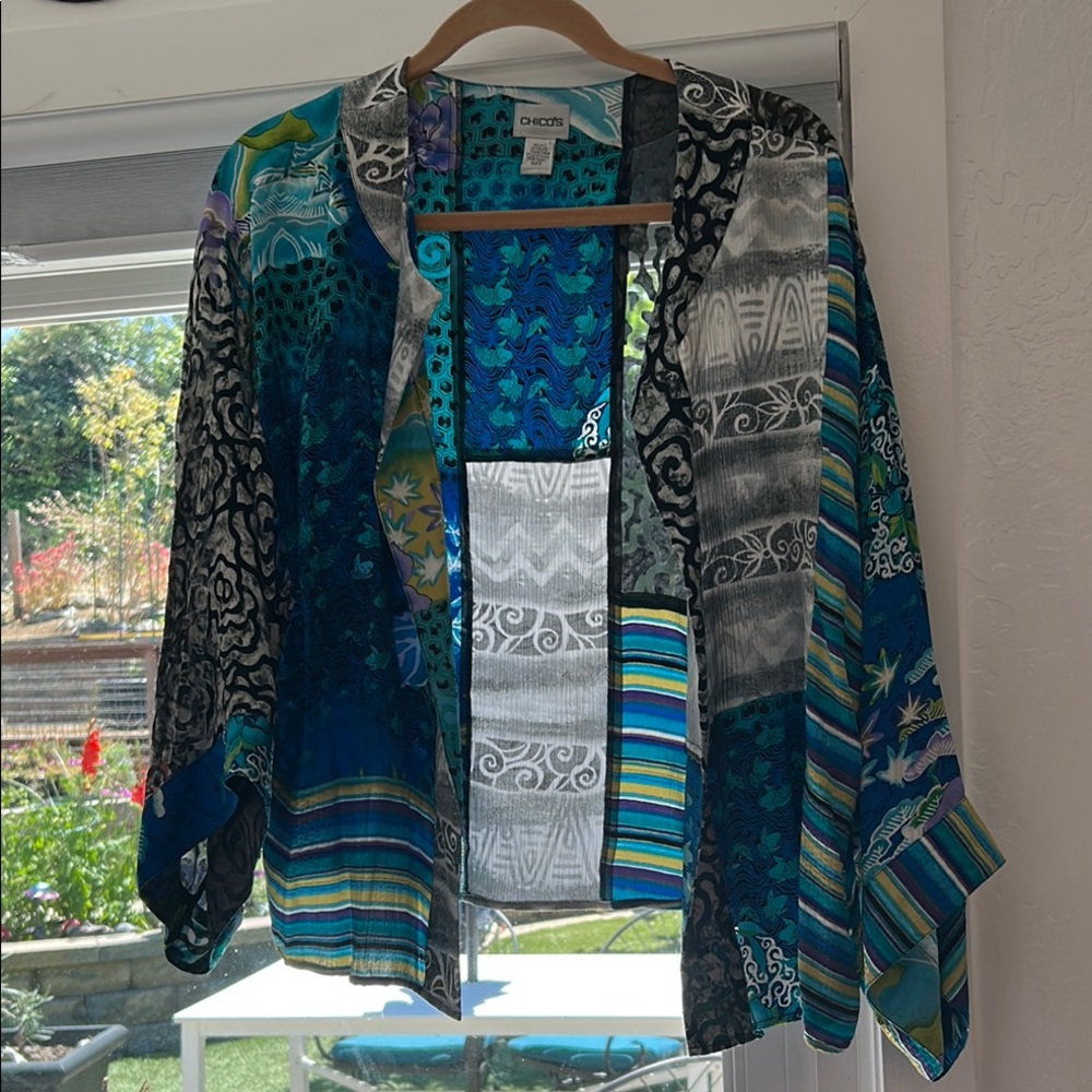 Chico's Blue and Black Patterned Kimono